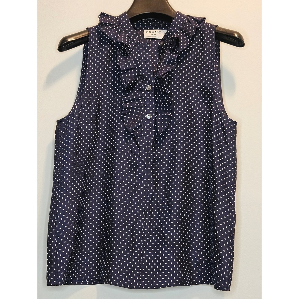 FRAME Silk Ruffle Sleeveless Blouse Navy Blue Polka Dot Womens XS
